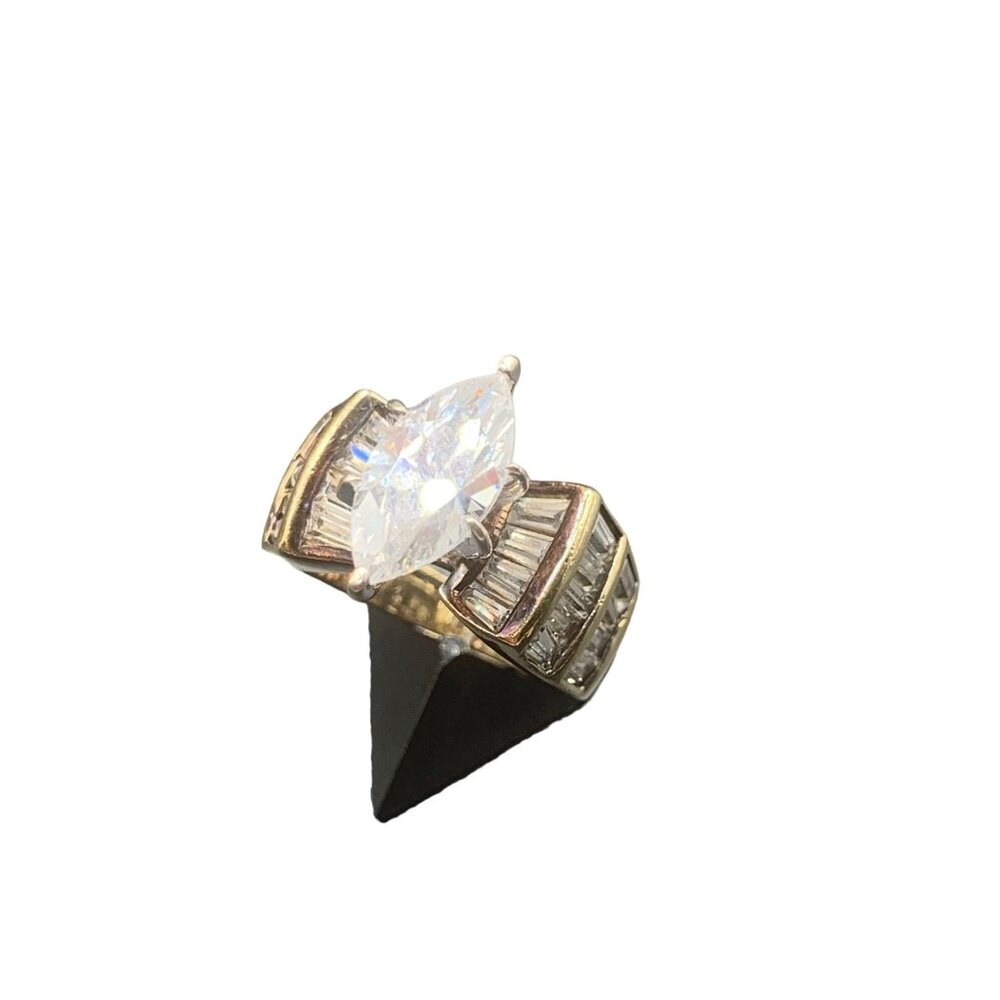 Gold Over Sterling Ring Cz Sterling Silver 925 Multi Row Marquise Raised Design